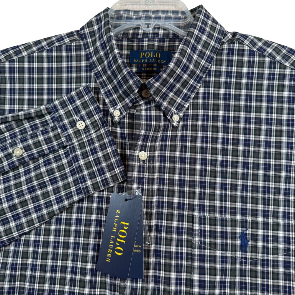 NEW Polo Ralph Lauren Button Down Men XL Navy Green Plaid Classic Fit Stretch